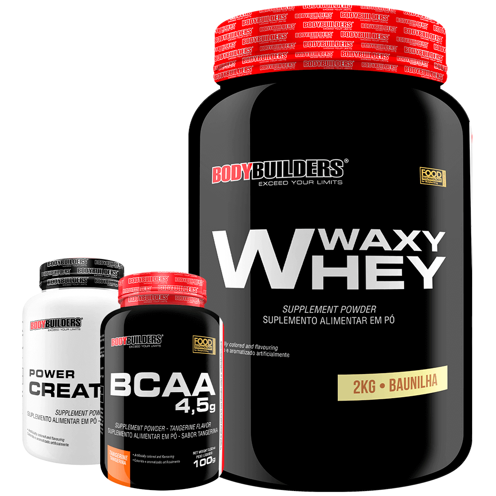 Kit Whey Protein Waxy Whey Pote 2kg + BCAA 4,5 100g + Power Creatina 100g – Suplementos para ganho de massa muscular – Bodybuilders