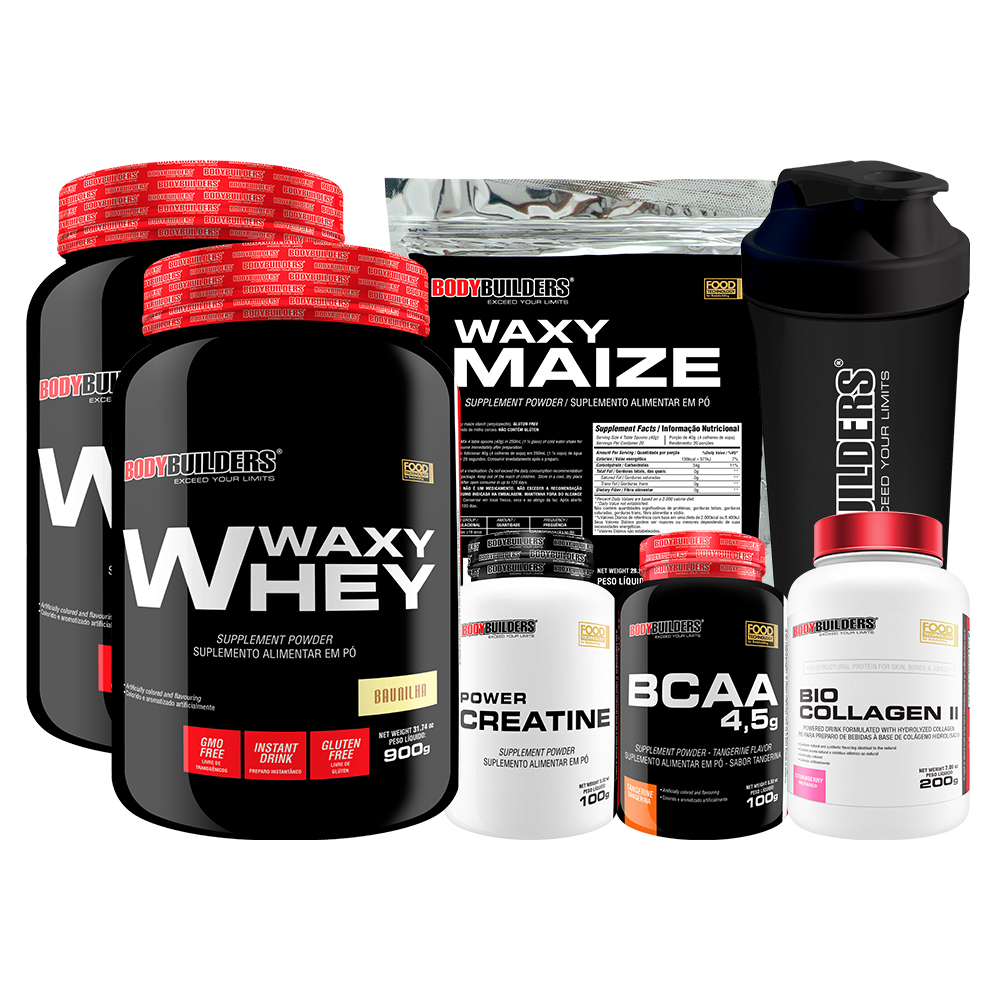 Kit 2x Whey Protein Waxy Whey 900g + BCAA 4.5 100g + Power Creatina 100g + Waxy Maize 800g + Bio Colágen II 200g + Coqueteleira – Suplementos para ganho de massa muscular – Bodybuilders