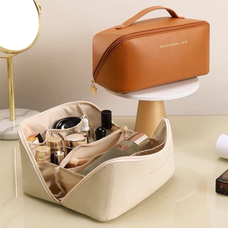 Bolsa Cosmético De Couro PU De Grande Capacidade Portátil Viagem