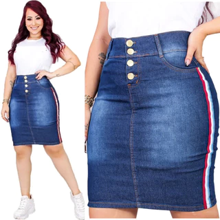 Saia Jeans Secretaria Com Faixa Lateral 4 botões Moda Evangélica