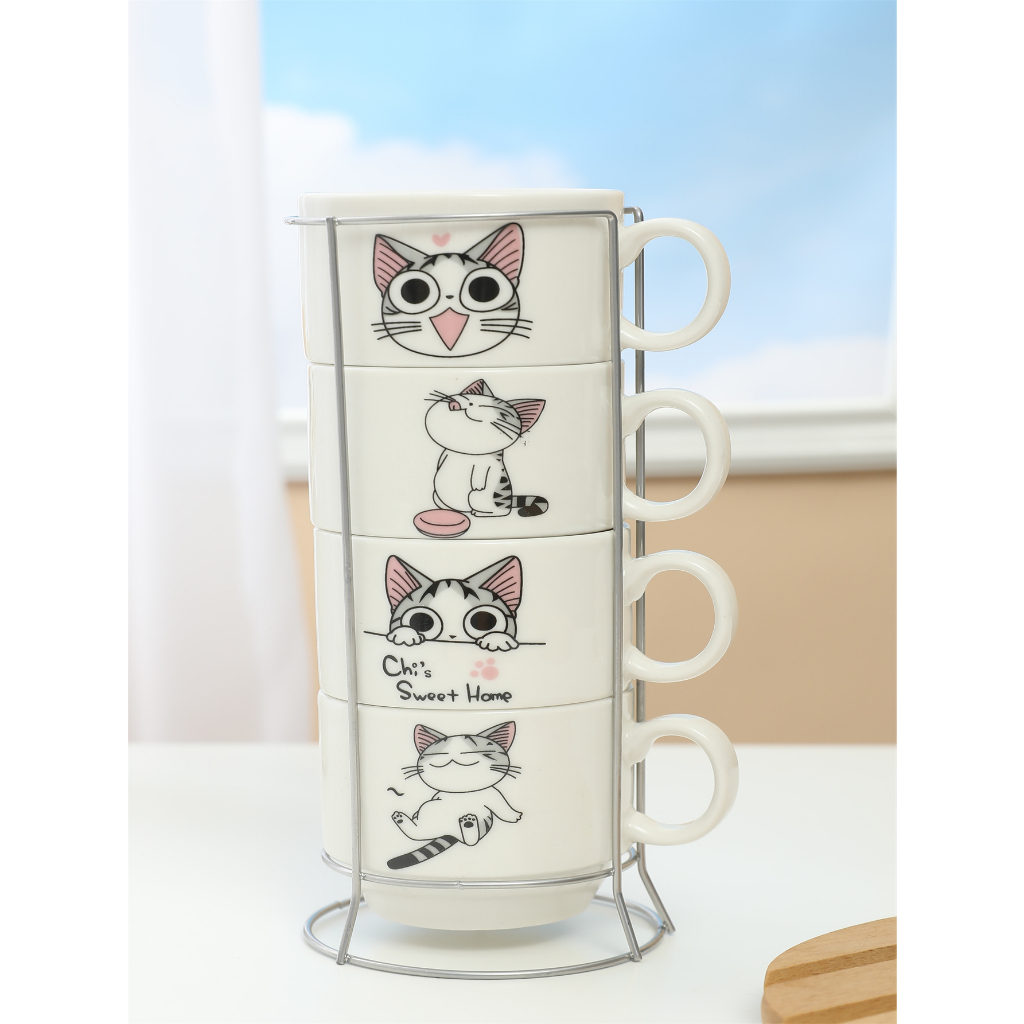 Jogo de Xícaras Café Chá 150ML Porcelana Frases com Suporte de Metal