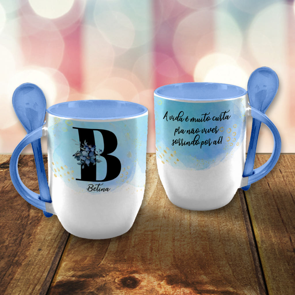 caneca com colher personalizada colorida com nome e frase | Shopee Brasil