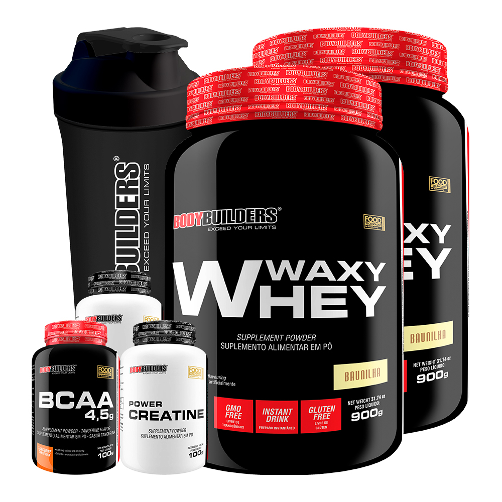 Kit 2x Whey Protein Waxy Whey Pote 900g + BCAA 4,5 100g + 2x Power Creatina 100g + Coqueteleira – Kit Para Aumento de Massa Muscular e Reposição de Energia – Bodybuilders