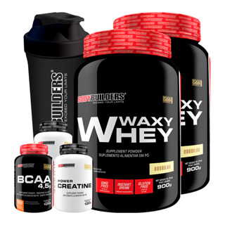 Kit 2x Whey Protein Waxy Whey Pote 900g + BCAA 4,5 100g + 2x Power Creatina 100g + Coqueteleira - Kit Para Aumento de Massa Muscular e Reposição de Energia - Bodybuilders