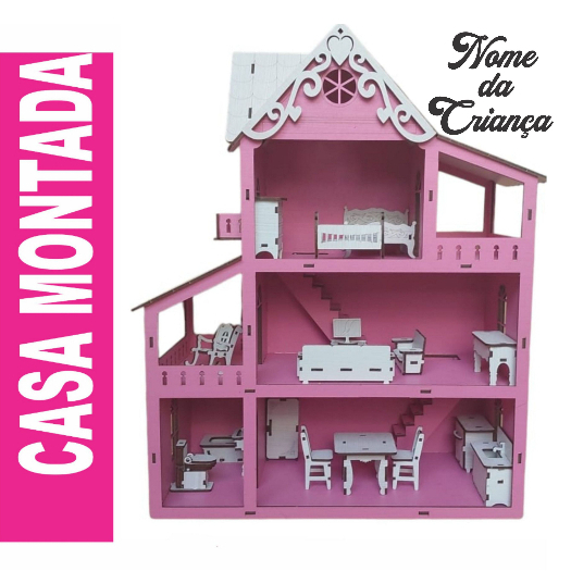 Casa Casinha De Boneca 60 cm Em MDF (Montada) + Jogo 30 Mini Moveis  Montados