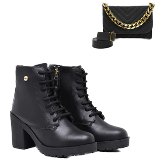 Kit Bota Feminina Preto com Solado Tratorado e Bolsa Quadrada Baladinha Bordada