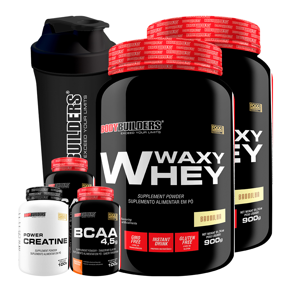 Kit 2x Whey Protein Waxy Whey Pote 900g + 2x BCAA 4,5 100g + Power Creatina 100g + Coqueteleira – Kit Para Aumento de Massa – Bodybuilders