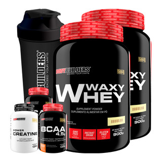 Kit 2x Whey Protein Waxy Whey Pote 900g + 2x BCAA 4,5 100g + Power Creatina 100g + Coqueteleira - Kit Para Aumento de Massa - Bodybuilders