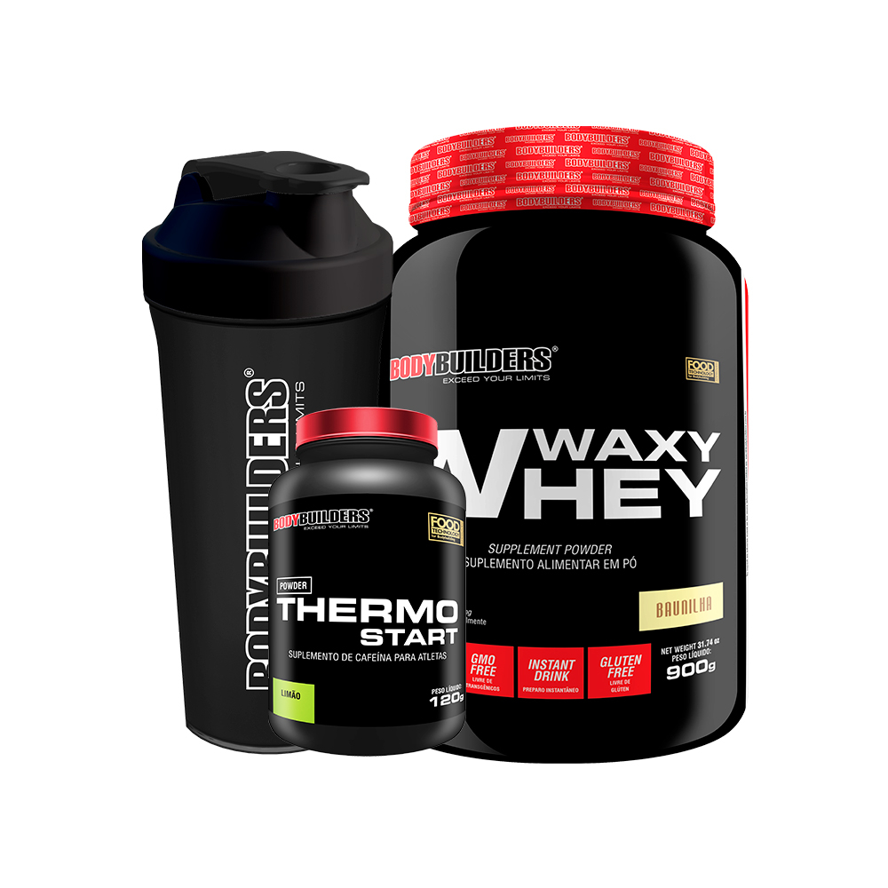 Kit Whey Protein Waxy Whey Pote 900g + Thermo Start Powder 120g Limão + Coqueteleira – Suplementos Para Ganho de Massa Muscular – Bodybuilders