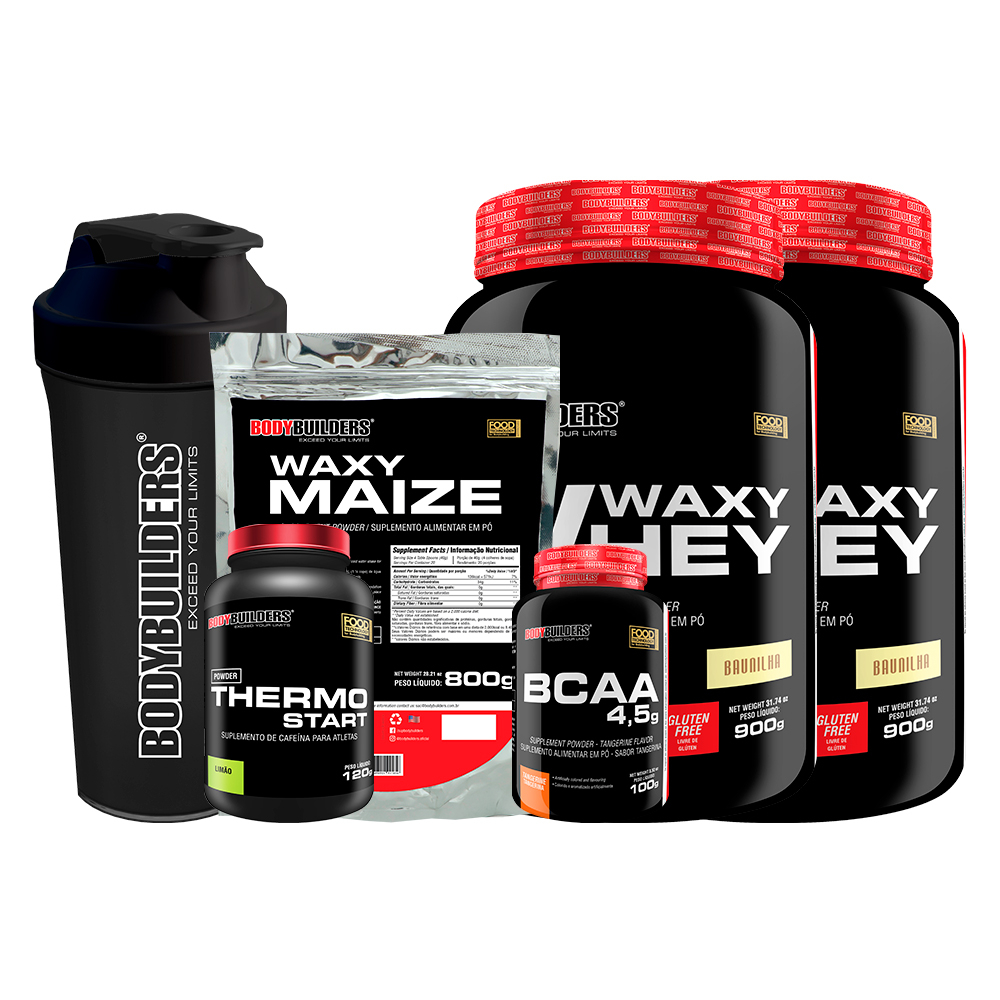 Kit 2x Whey Protein Waxy Whey Pote 900g + BCAA 4.5 100g + Thermo Start 120g + Waxy Maize 800g + Coqueteleira – Kit de Suplementos Para Ganho de Massa Muscular – Bodybuilders