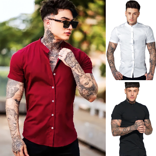 Camisa Social Masculina Gola Padre de Luxo Com Manga Curta Slim Fit Linho e  Viscose Tecido Premium