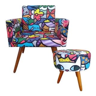 Kit 1 Poltrona Decorativa Nina + Puff ROMERO BRITTO Pés Palito