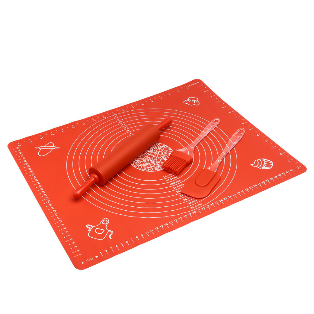 Conjunto Rolo de Massa Silicone Tapete de silicone e PIncel com Espatula Raspadora Torta Pizza Biscoito Rocambole