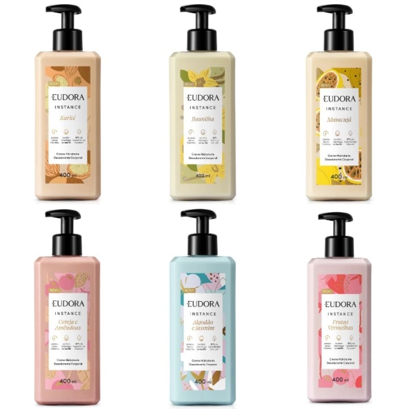 Hidratante Corporal Eudora Instance 400ml - Novo Frasco (Variações) Maracujá, Frutas Vermelhas, Algodão e Jasmim, Baunilha, Karité, Cereja e Amêndoas.
