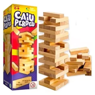 Jogo Caiu Perdeu Pais & Filhos de Madeira Jogo da Torre de Madeira 54 Peças Desenvolve Coordenação Motora brinquedo