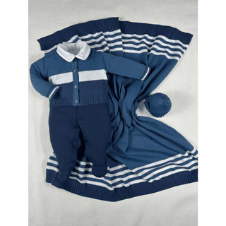 Kit Saida Maternidade Menino Bebe Tricot Azul Petroleo