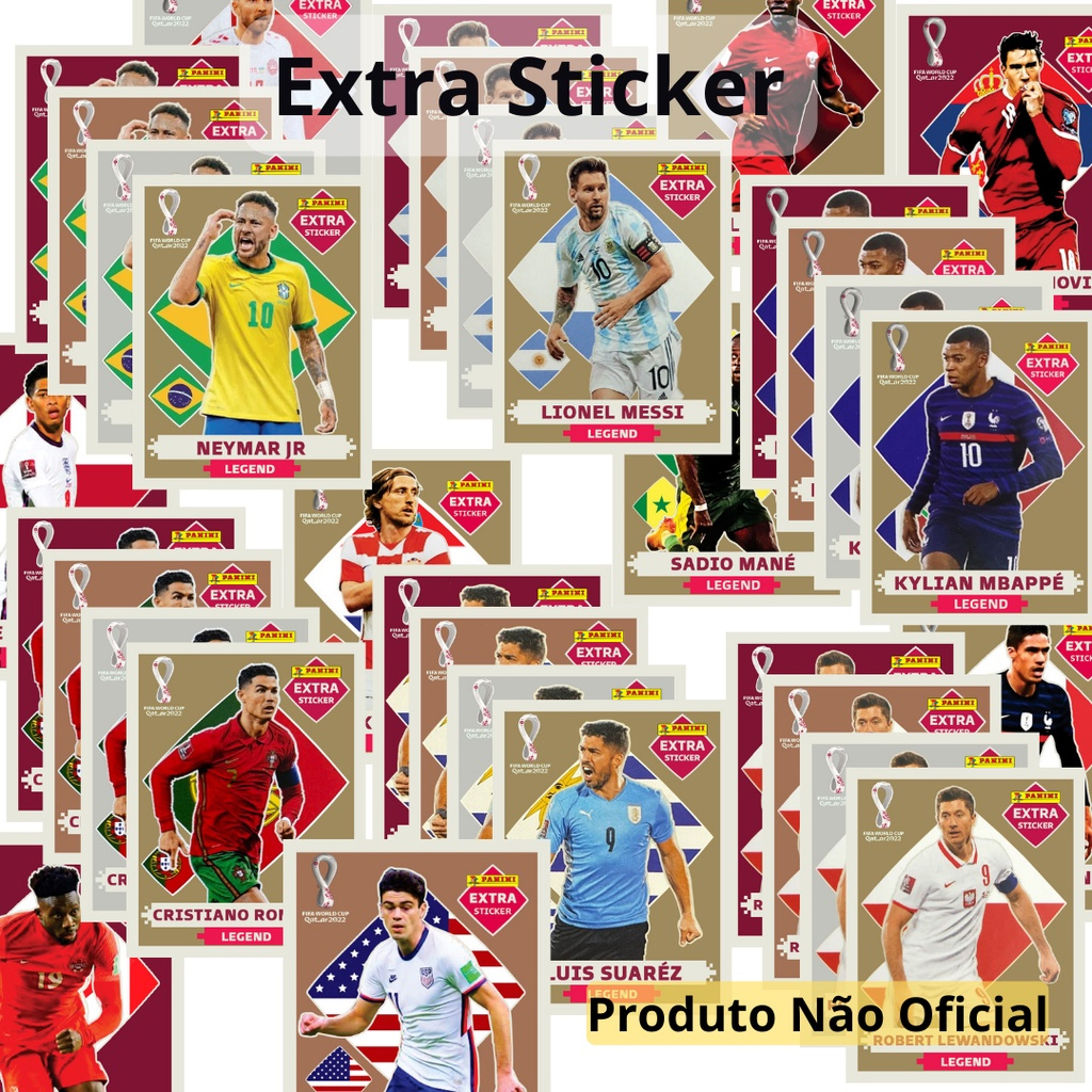 Figurinha Extra Sticker Legend Copa do Mundo Qatar 2022 Neymar Mbappé Messi  Cristiano Ronaldo Ouro Gold Prata Bronze e Bordo - Corre Que Ta Baratinho