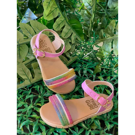 Sandália infantil feminina com tiras coloridas strass 