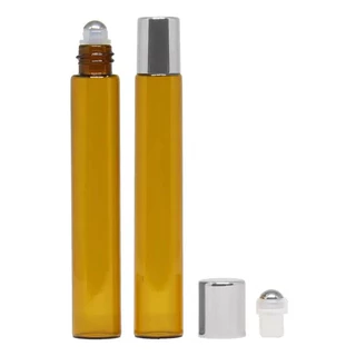 10 Frascos Roll-on Slim Âmbar 10ML Tampa Prata Aromaterapia