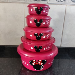 Kit 5 potes vermelho escuro Mickey e Minnie