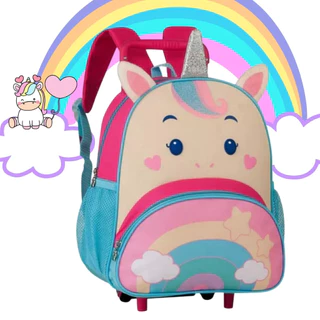 Mochila Infantil De Rodinha Carrinho Com Alças e Bolsos Escola Creche Passeio - Unicórnio