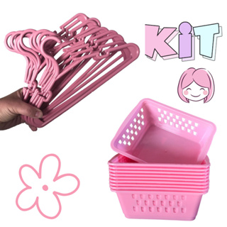 Kit 10 Cestos Organizador 16x12x6Cm + 50 Cabide Infantil Rosa ou Azul