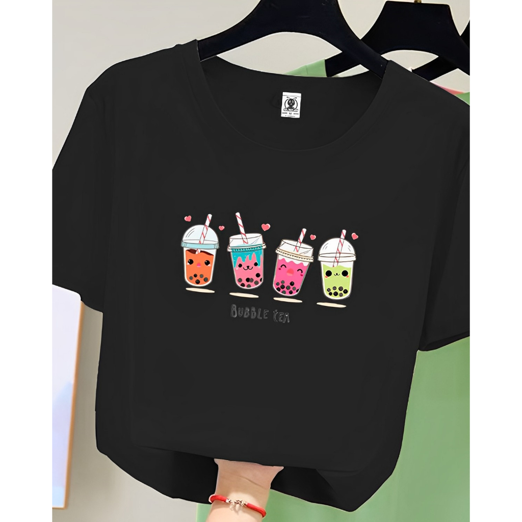 Camiseta Boba Tea Cat Bubble Print, Kawaii Crew Neck Manga Curta