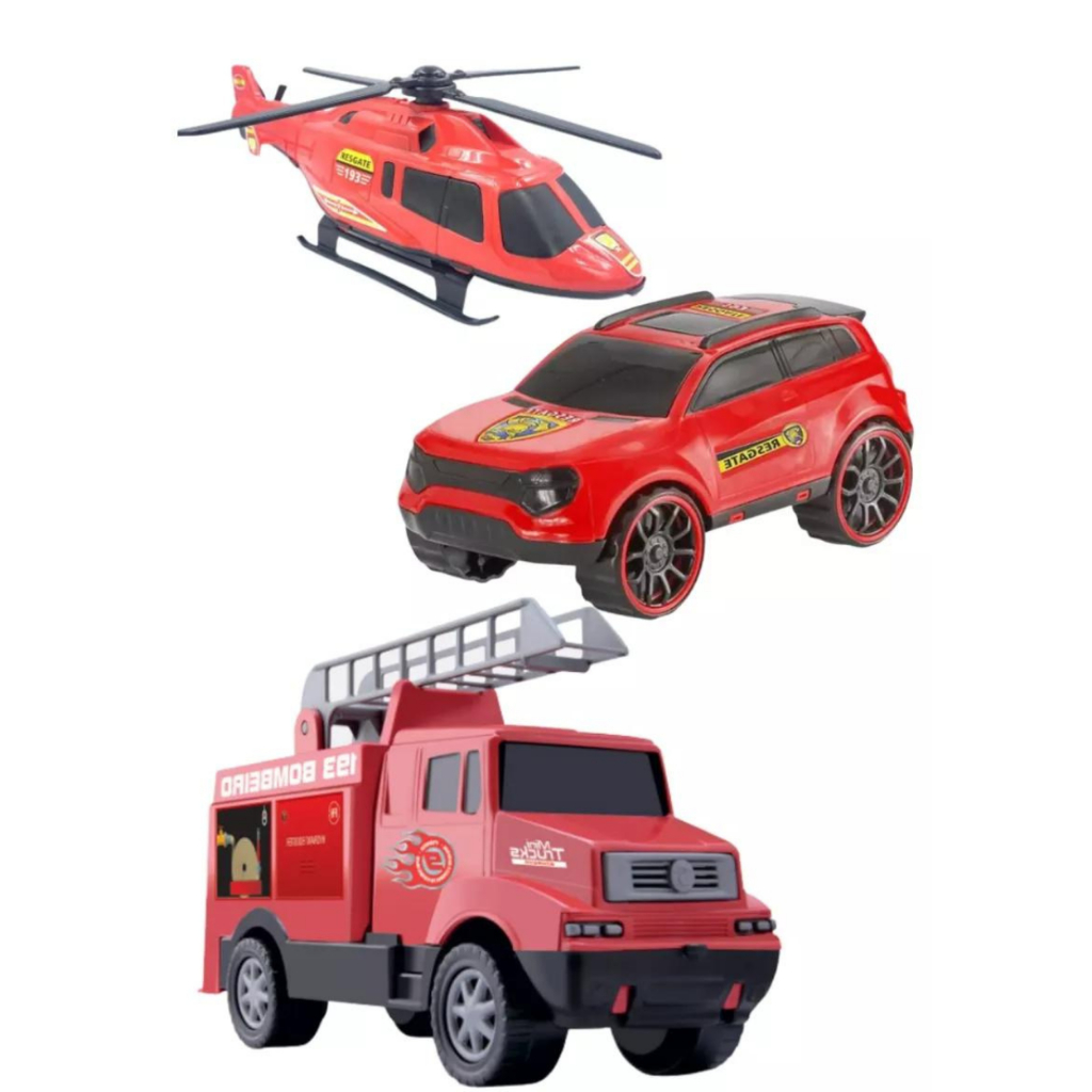 Kit 3 Carrinho Bombeiro Helicóptero Motinha Brinquedo Menino Criança  Infantil Presente Barato