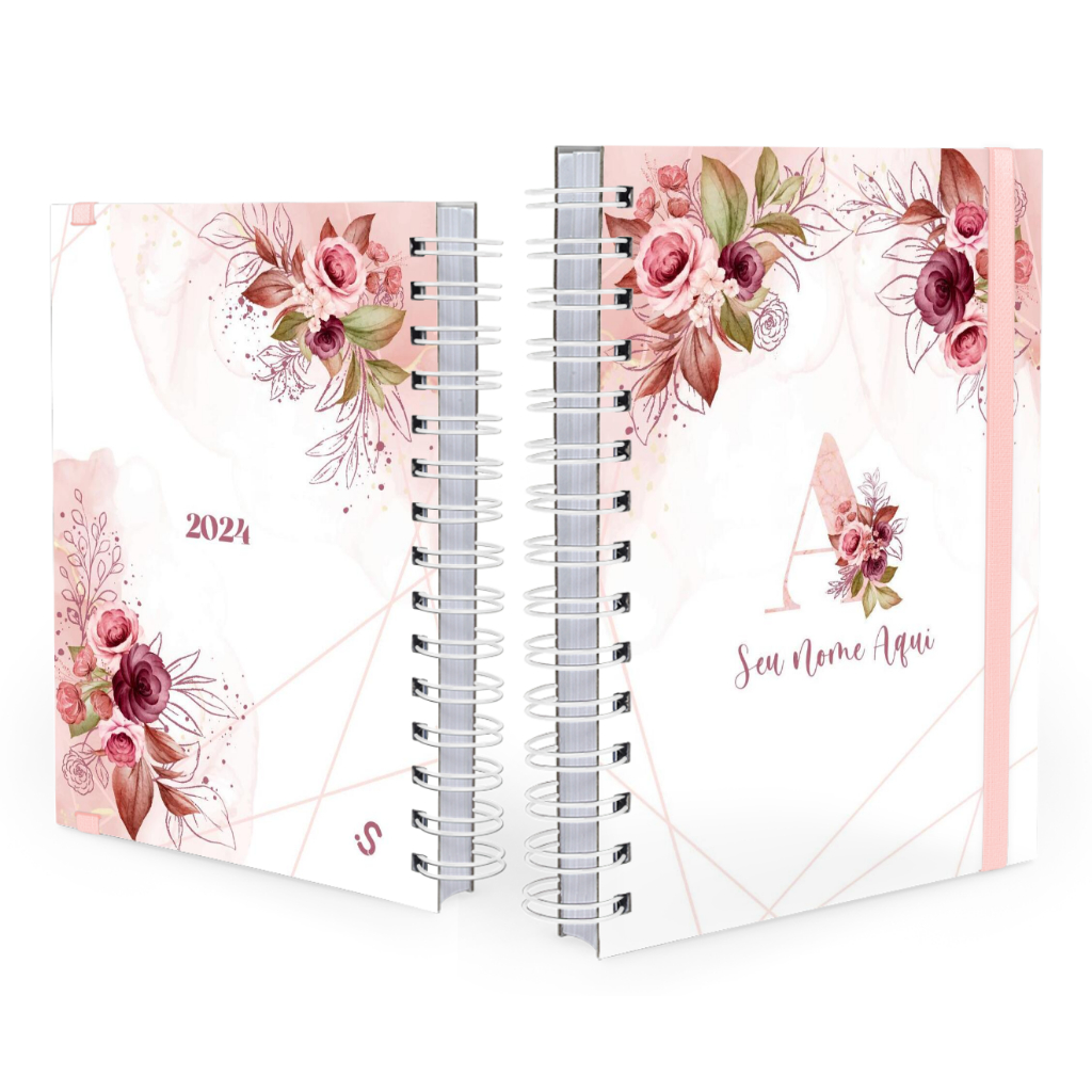 Agenda 2024 Grande Datada Hot Stamp Ramo De Flores Capa Dura Cor da capa  Rosa