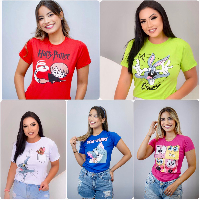 Kit 5 T-shirt Feminina 100% Algodão Camiseta Atacado Revenda