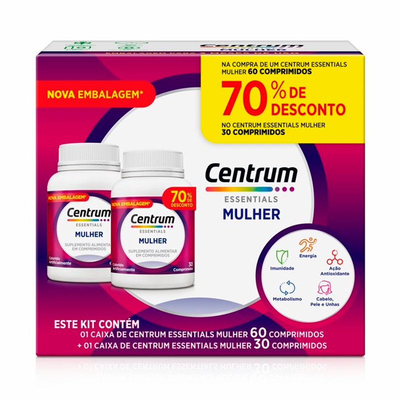 Kit Suplemento Alimentar Centrum Essentials Mulher 60 Comprimidos + 30 ...