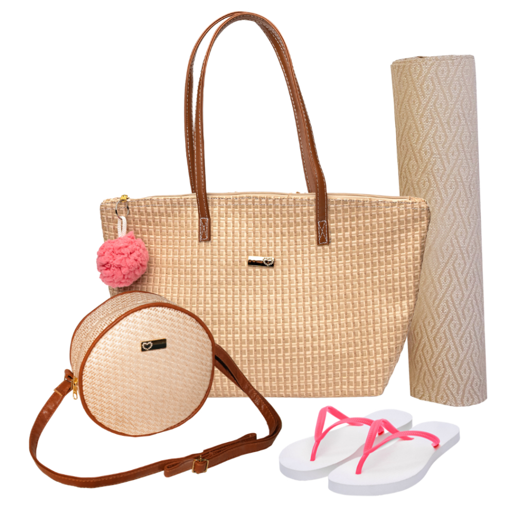 Kit Bolsa de praia em palha + Esteira + Chinelo + Bolsa redonda + Chaveiro Pompom