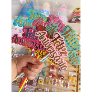 Topo de Bolo FELIZ ANIVERSÁRIO - Kit com 8 ou 12 unidades