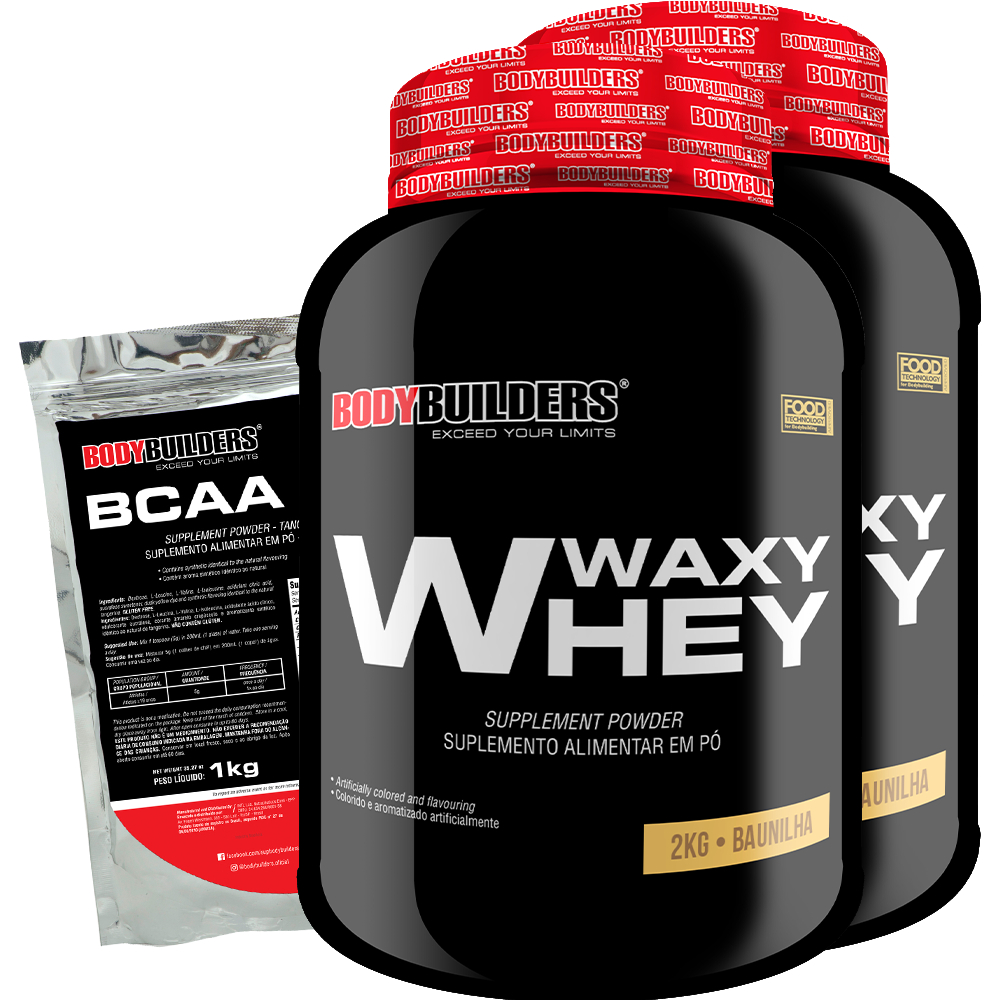 Kit 2x Whey Protein Waxy Whey 2kg + BCAA 4.5 1kg – Kit Para Aumento de Massa Muscular – Bodybuilders
