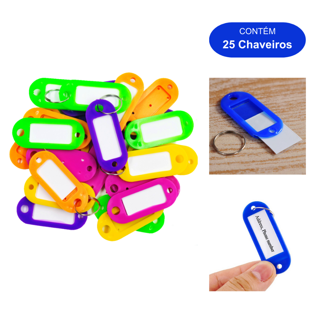 Kit 25 Chaveiros Identificador Plástico com Etiqueta Neon Organizador ...