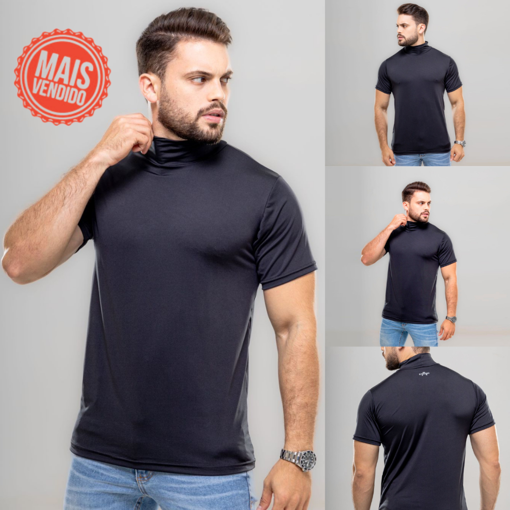 Camiseta Curta Gola Alta Preto Proteção Solar 50+