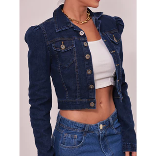 Jaqueta Jeans Feminina Manga Bufante Com Lycra Linha Premium Botões