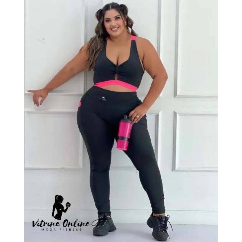 Conjunto Calça Com Bolso + Top Em Suplex Extra Fitness Midi Plus Size 01 / Moda  Feminina Academia