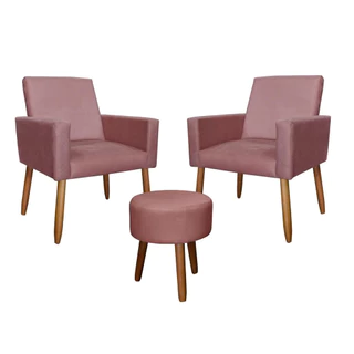 Kit 2 Poltronas Decorativa Nina + Puff ROSA Pés Palito