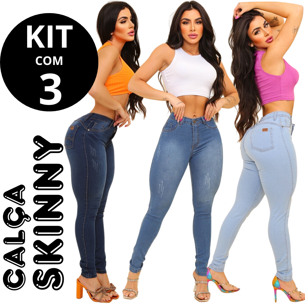 Kit 3 Calças Jeans Femininas Skinny Com Lycra Cós Alto Levanta Bumbum