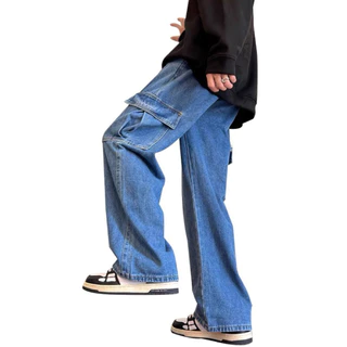 Calça JEANS CARGO Com BOLSO lateral cintura ajustável Largo comprido