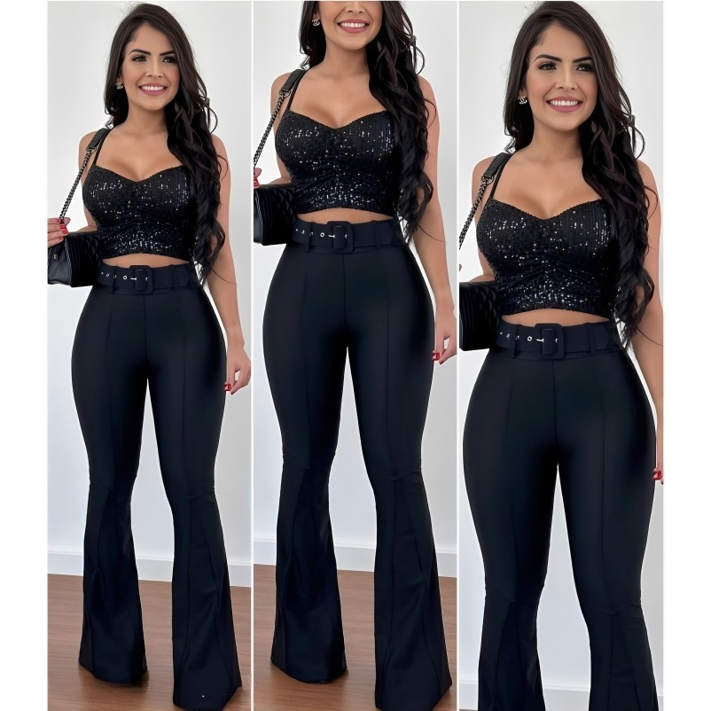 Calça Flare Feminina Cintura Alta Com Cinto Cirre NOVO!