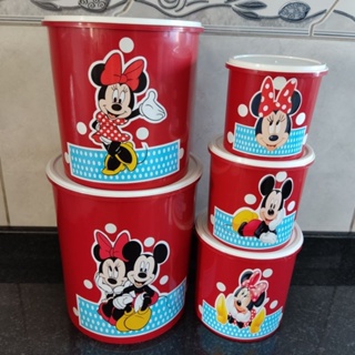 Jogo de mantimentos de plástico redondo adesivado vermelho Mickey e Minnie borda azul
