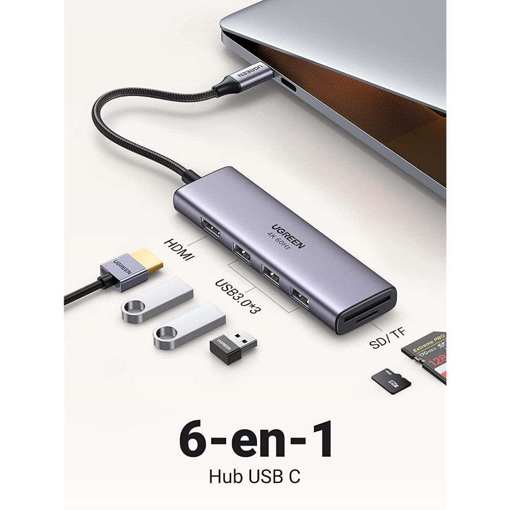 Adaptador UGREEN Hub USB C (6 em 1) Thunderbolt 3/4 - HDMI 4K 60Hz - Múltiplas portas USB 3.0 - leitor de cartão SD TF - Type C compatível MacBook Pro Air M2 M1 Max iMac iPad Surface Lenovo Tab Galaxy Dex Tab S23 S22