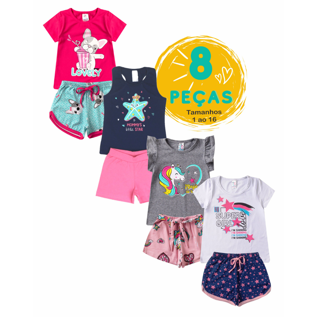 Kit 4 Conjunto Infantil Juvenil Menina em cotom 1 ao 16 roupa menina de calor