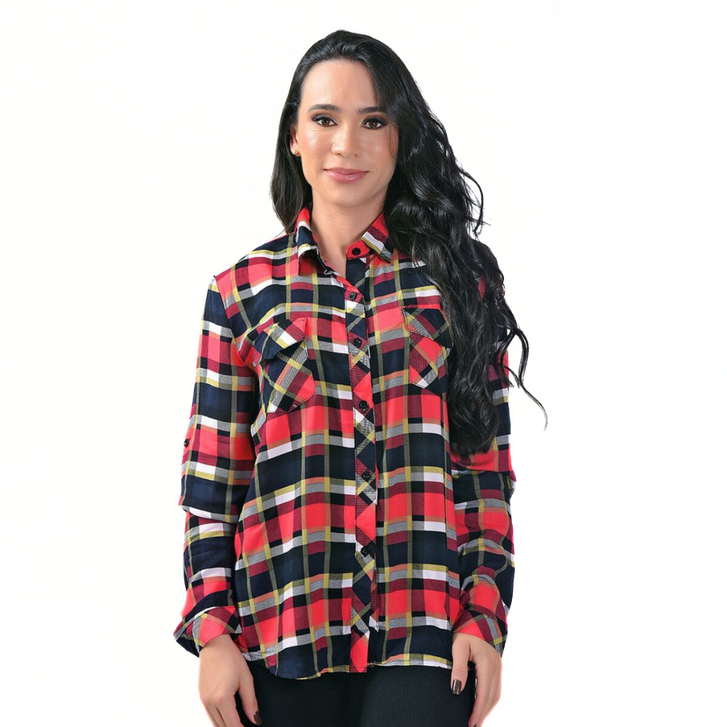 Camisa Xadrez com Bolso Manga Longa Fashion Botão Moda Inverno