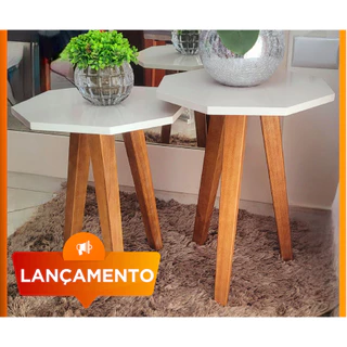 Mesa lateral e canto GEOMETRICA na cor OFF WHITE Kit com 2 unidades com 3 pé palito na cor amendoa TTB