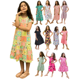 Vestido Infantil e Juvenil com Manga de Malha Algodão / Cotton Diversas Estampas - Tamanho 10, 12, 14 e 16 Anos