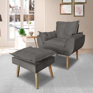 Kit Poltrona Decorativa Opala Com Puff Deluxe Em Suede Grafite