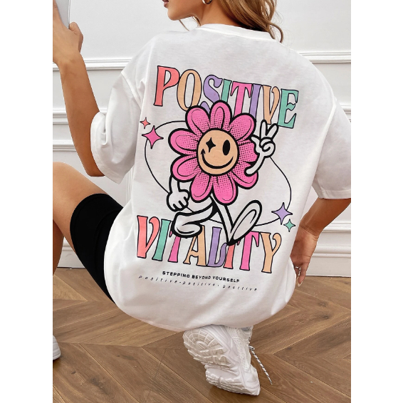 Camiseta Positive Vitality Flor Colorida Oversized Long Line